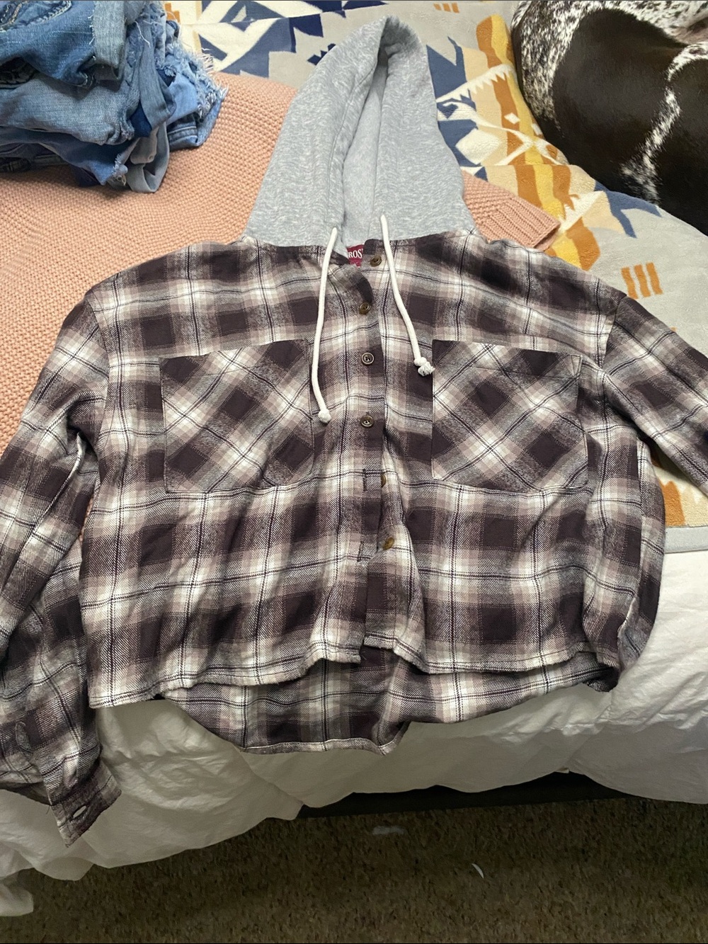 Hippie Rose Burgundy and Gray Plaid cropped Hooded Button-Down Shirt